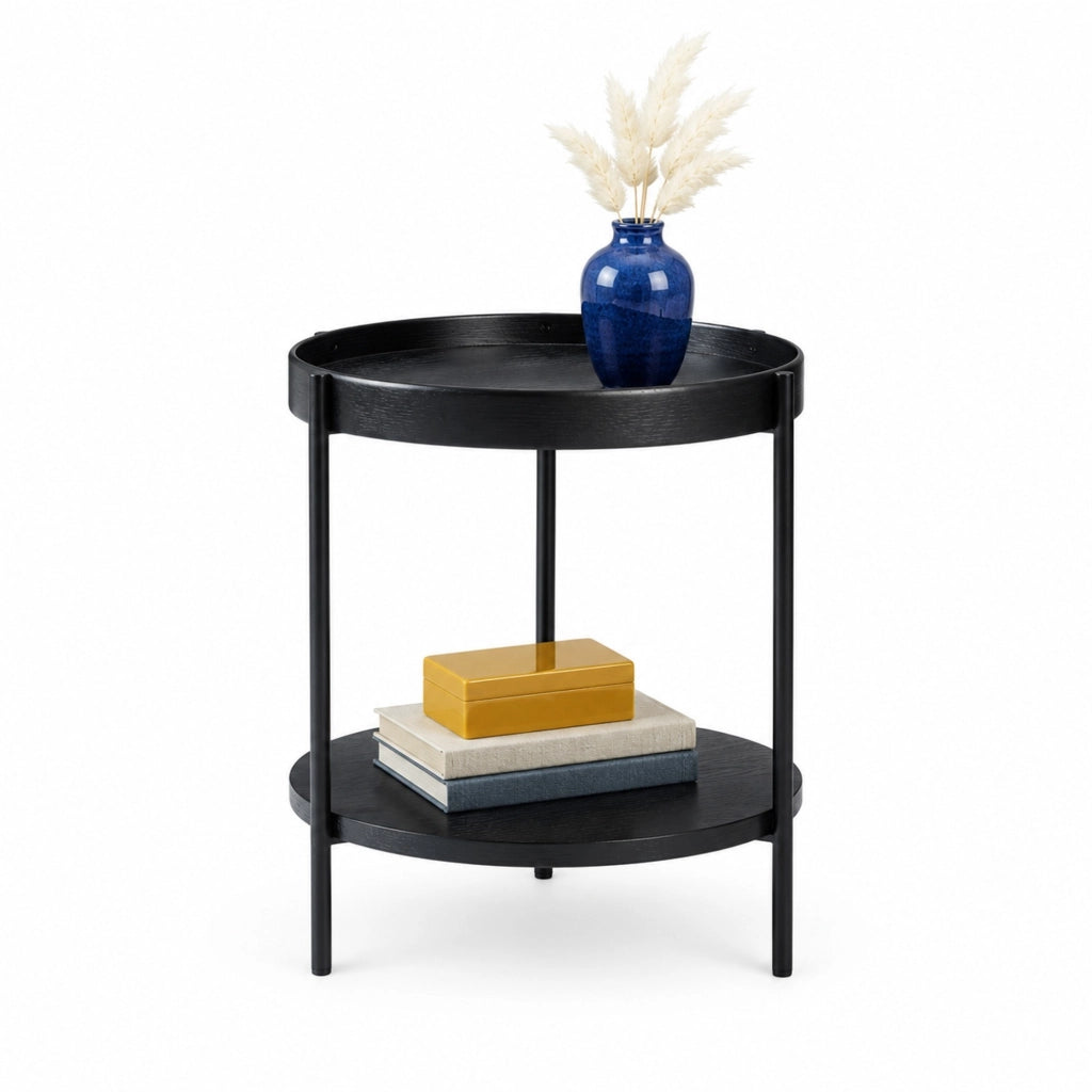 Tavolino rotondo 44x44x48 cm nero; doppio piano a 2 livelli; legno e metallo;