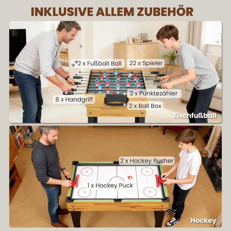 Tavolo da gioco 13 in 1: calcio balilla, scacchi, biliardo, ping-pong e altro ancora. Materiali: MDF, plastica, noce.