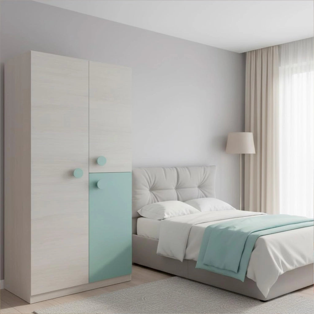 Mobile Guardaroba Compatto Armadio  Con Barra Appendiabiti E Ripiani Ideale Per Cameretta E Camera Da Letto Design Moderno 200 X 90 X 52 Cm Bianco Alpi E Verde Acqua