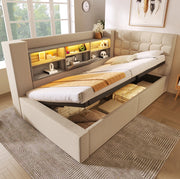 Letto singolo beige 90x190 cm con LED e contenitore idraulico