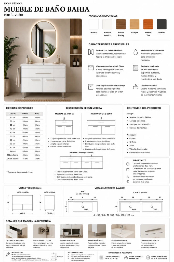 Mobile bagno BAHIA 120x45 cm singolo lavabo Bianco nordico