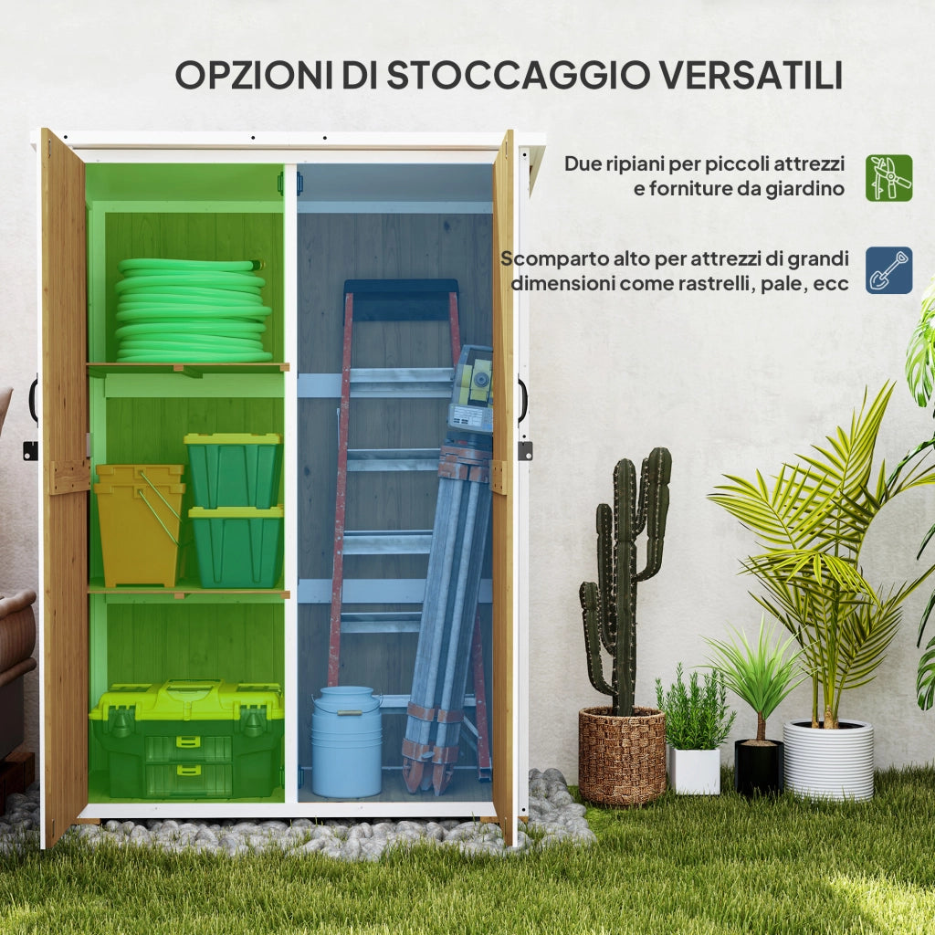 Capanno da Giardino in Legno di Abete con 2 Ripiani e 2 Porte, 116.5x57x159/167 cm, Marrone e Bianco