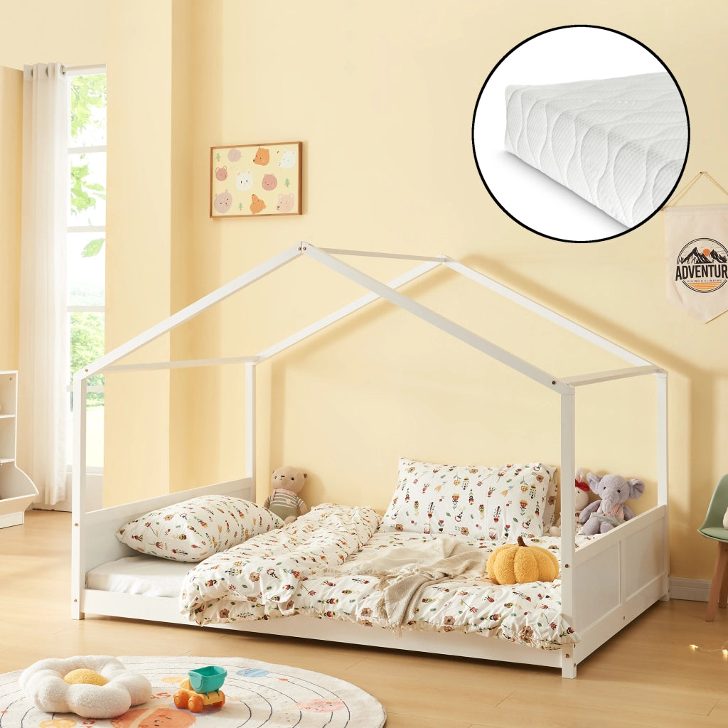 Letto per Cameretta Simo a Casetta con Materasso 140 x 200 cm in Legno di Pino - Bianco [en.casa]
