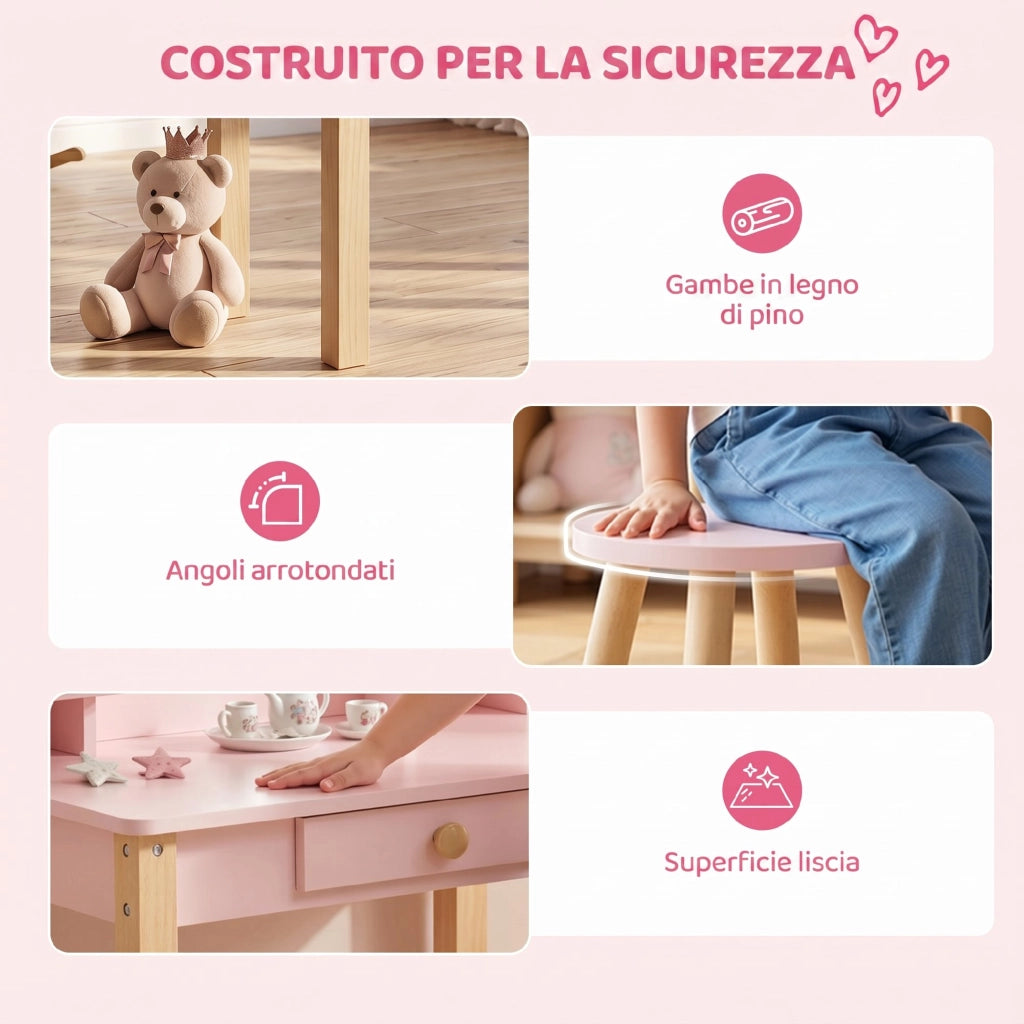 Set Toeletta Trucco per Bambina 55x34x82 cm con Sgabello Specchio e Cassetto in Legno Rosa