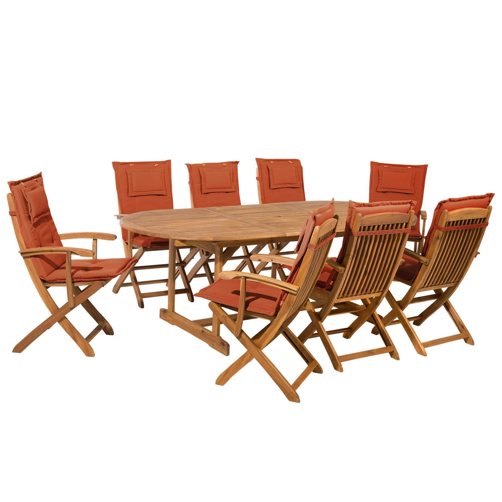 Set da pranzo per esterni in legno di acacia chiaro con cuscini rossi tavolo a 8 posti sedie pieghevoli design rustico