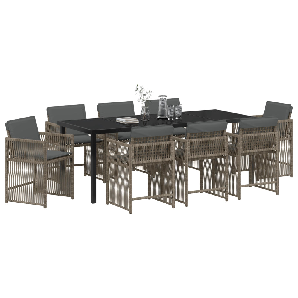 Set da Pranzo per Giardino da 9 Pezzi con Cuscini Grigio Polyrattan