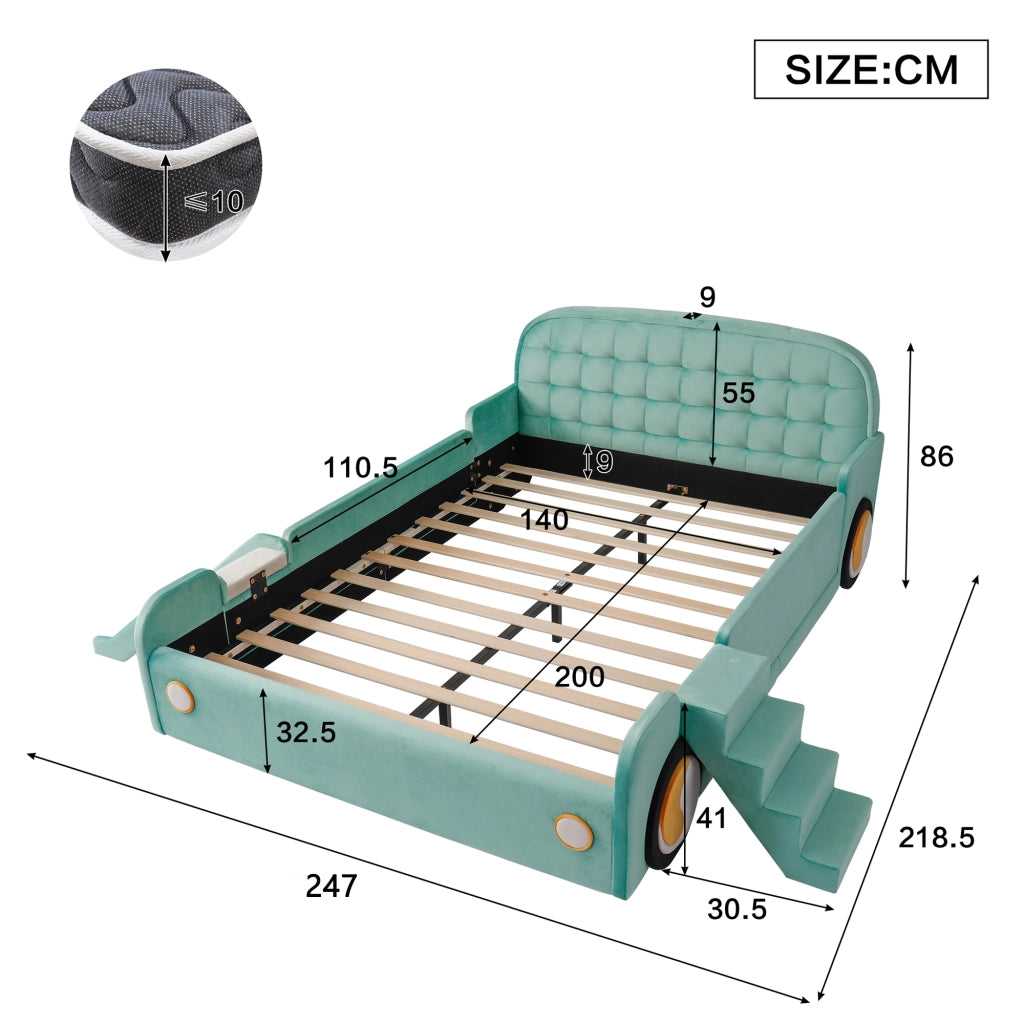 Letto per bambini 140 × 200 cm con scivolo e scala, montaggio sinistra/destra, senza materasso, in velluto bluverde