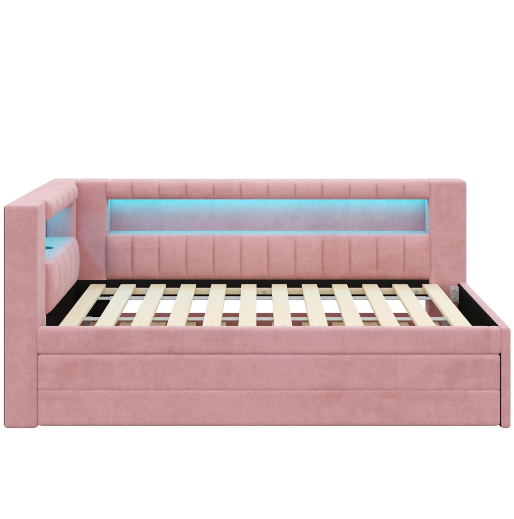 LETTO Imbottito 90x200 cm Rosa con LED, USB, Letto Estraibile e 3 Cassetti