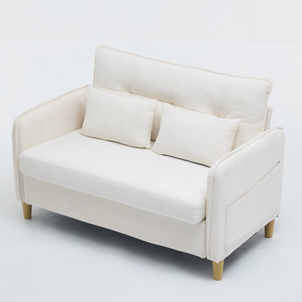 Divano a 2 posti in tessuto chenille Beige, 127 cm, con braccioli e tasche laterali