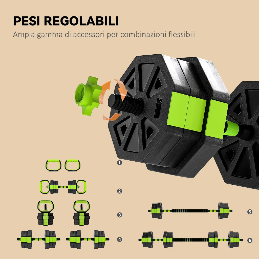 Set Pesi Palestra 6 in 1 Multifunzione da 20kg Totali 125x18x18 cm in Plastica e Sabbia Verde
