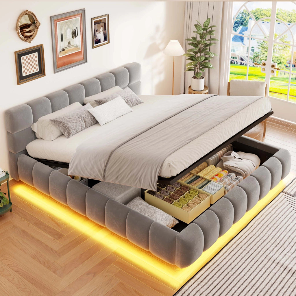 Letto imbottito con contenitore idraulico e LED, 160x200 cm, velluto grigio