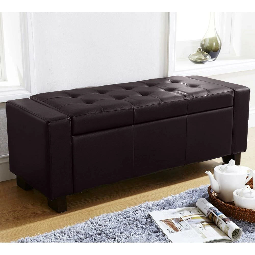 Cassapanca Pouf Contenitore Panca Fondoletto 110x40x40 cm in Legno e Eco Pelle Marrone