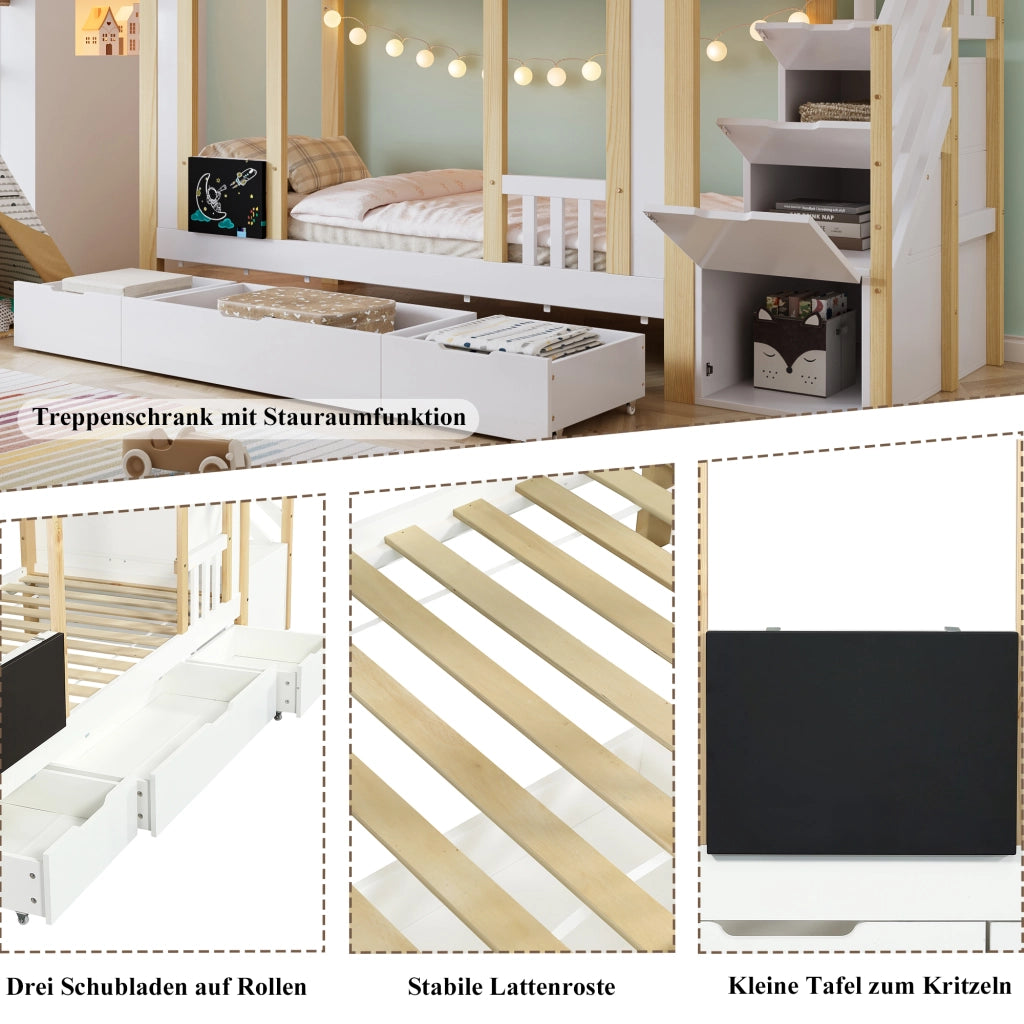 OKWISH Letto a Castello 90×200 cm, Letto Singolo con Scala Contenitore, 3 Cassetti e Lavagna, senza Materasso, Bianco Naturale