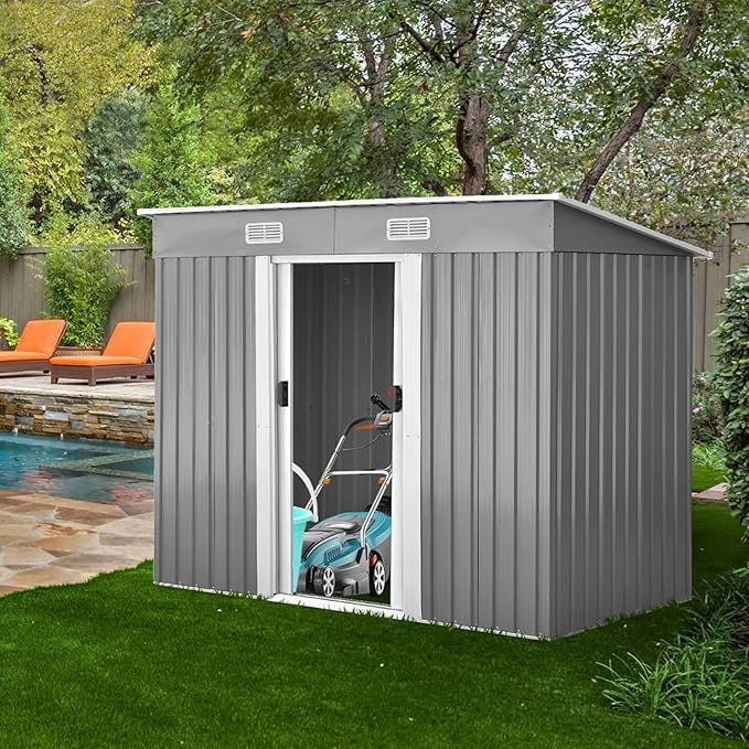 Casetta da Giardino Porta Attrezzi in Lamiera Acciaio Zincato, con Sfoghi, Ante Scorrevoli e Maniglie, Capanno da Esterno per Cortile, Giardino e Fattoria, 238 x 131 x 181 cm