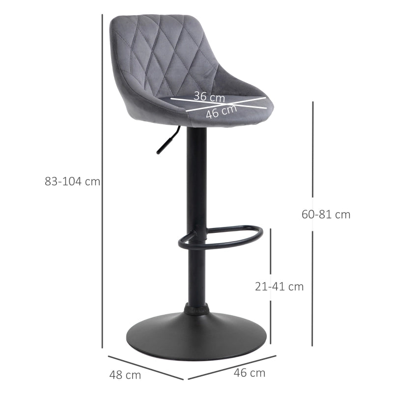 Set di 2 sgabelli da bar regolabili in altezza, girevoli a 360°, in tessuto effetto velluto, grigio scuro