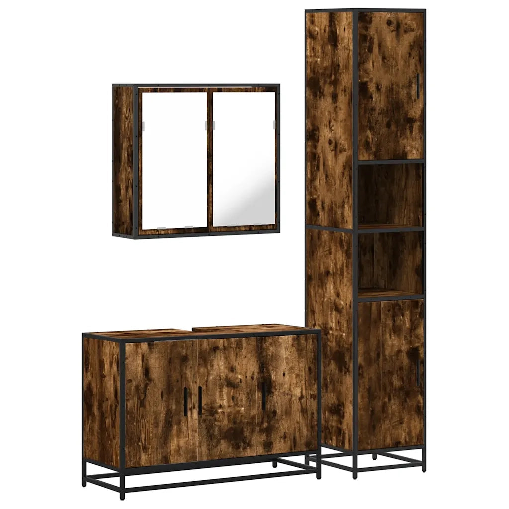 Set Mobili da Bagno 3 pz Rovere Fumo in Legno Multistrato