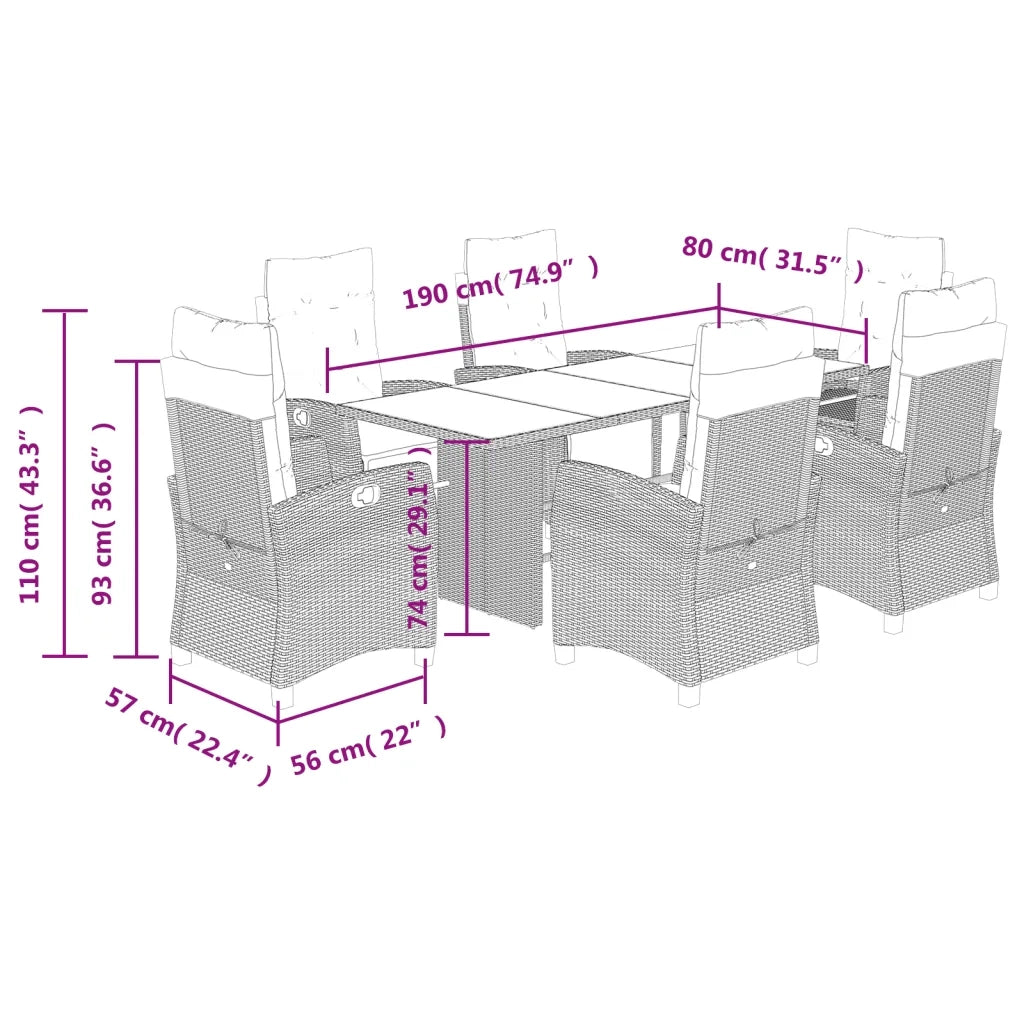 Set da Pranzo da Giardino 7pz con Cuscini in Polyrattan Marrone