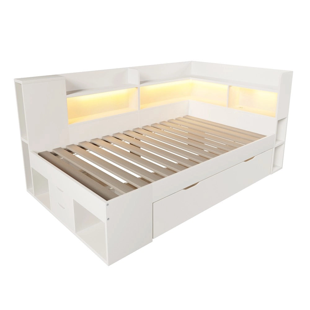 Letto Singolo 90x200 con LED, Cassetti, Ripiani e Rete a Doghe ¨C Xylo ¨C Bianco, Legno