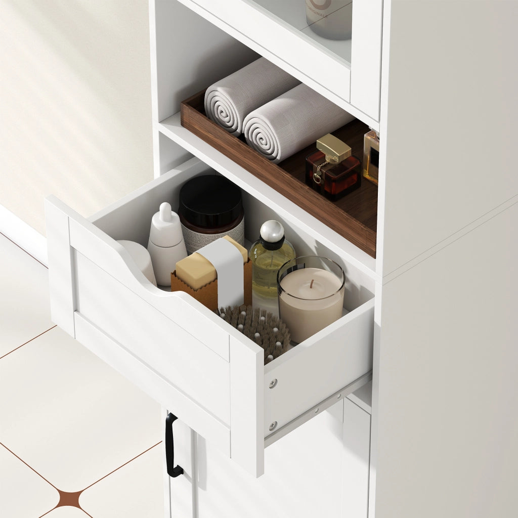 Mobile a Colonna Bagno 40x30x165 cm con 2 Armadietti Cassetto e Ripiano Aperto in Legno Bianco