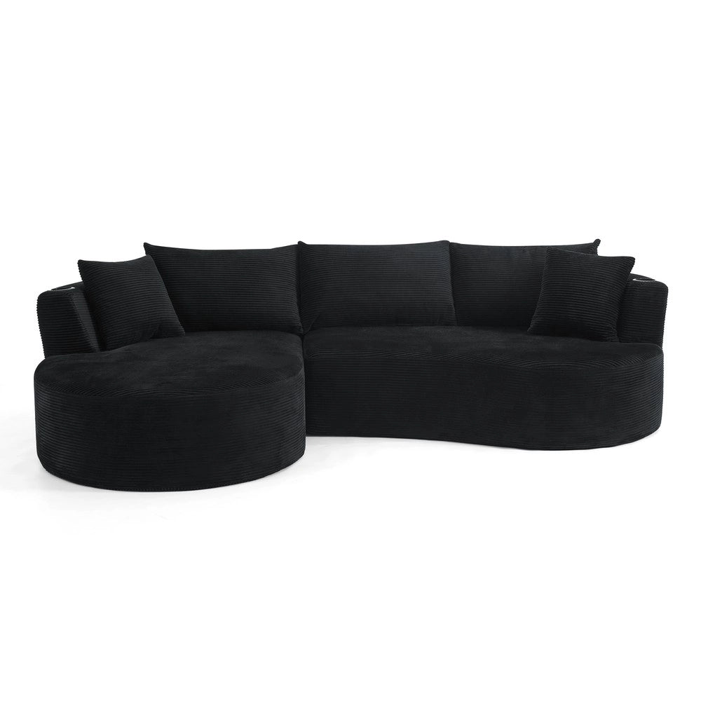 Divano 3 Posti con Chaise Longue e Cuscini ¨C Xylo ¨C Nero, Tessuto a Coste, con Portabicchieri