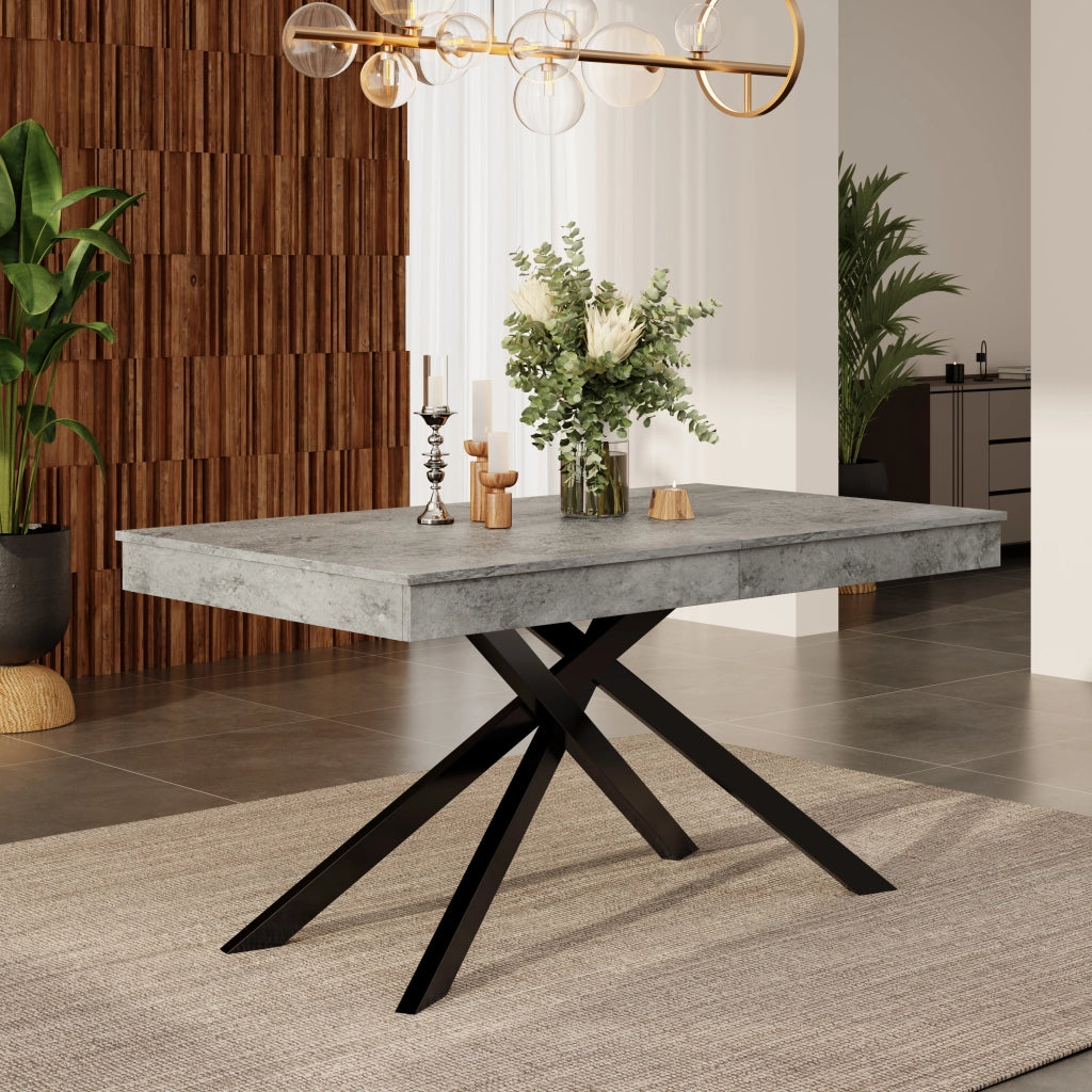 Tavolo allungabile rettangolare in MDF grigio per 6-8 persone con piano spesso e gambe incrociate 180 × 80 × 76 cm
