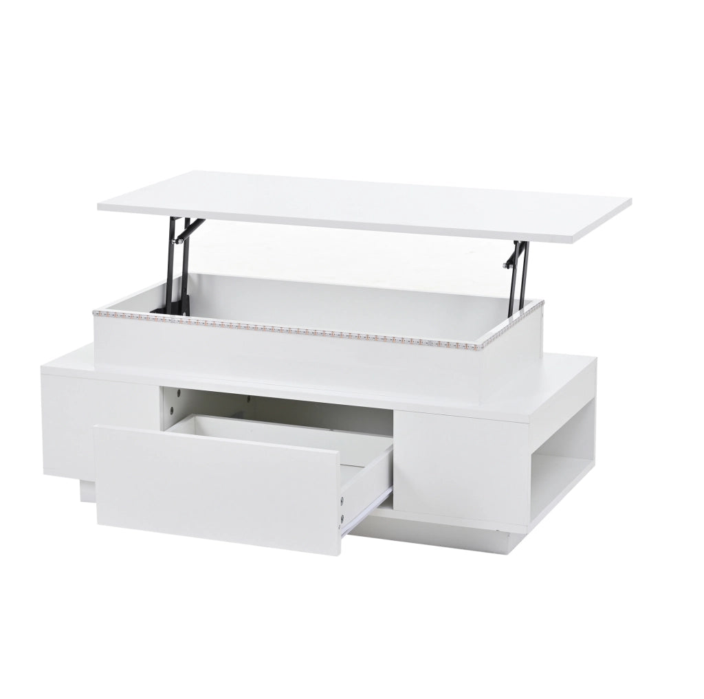 Tavolino da salotto elevabile con vano contenitore, cassetto e luce LED