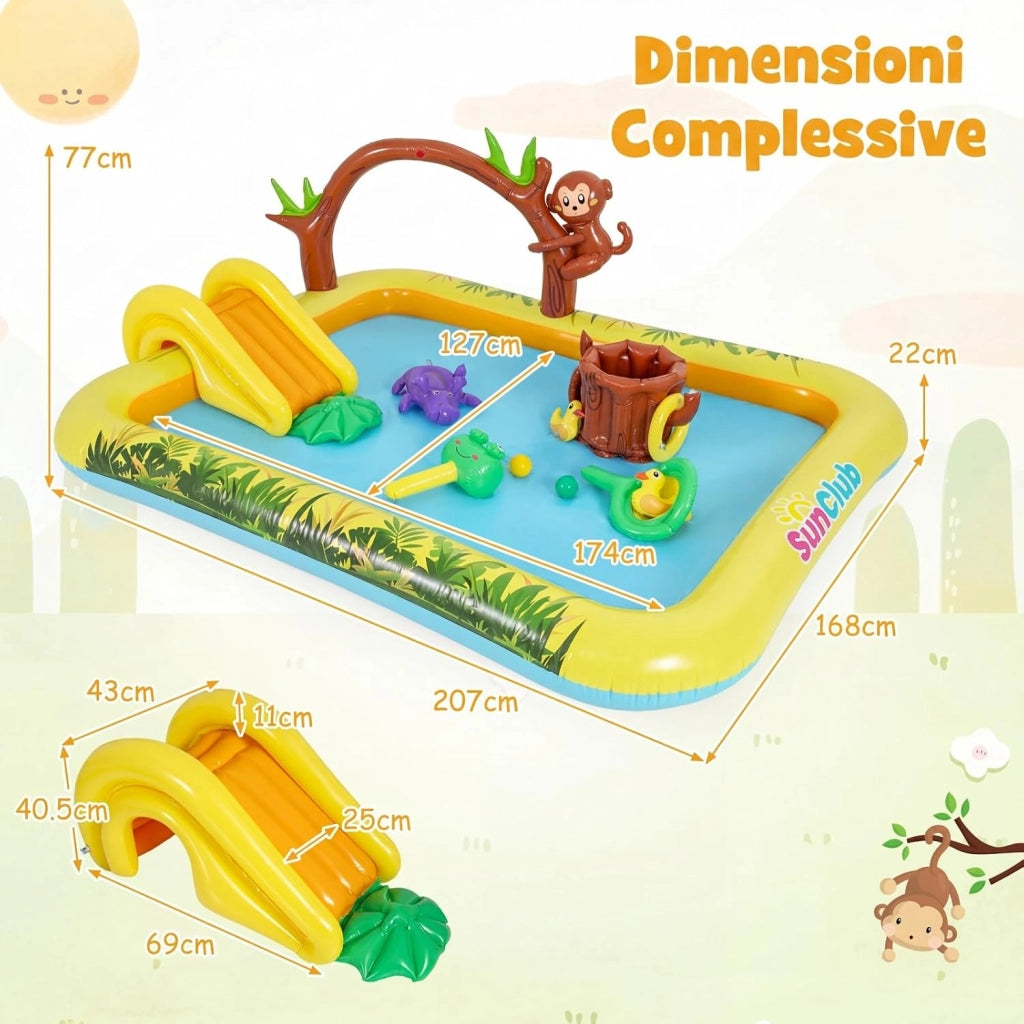 Piscina Gonfiabile per Bambini, Piscinetta per Bambini a Tema Giungla con Scivolo, Palline e Giocattoli a Forma di Animali, Parco Giochi da Esterno per Giardino e Cortile, per 2-6 Anni