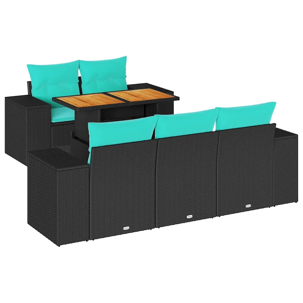 Set Divano da Giardino 6 pz con Cuscini Nero in Polyrattan