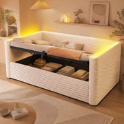 DESMIU Divano letto 90 × 200 cm con vano contenitore idraulico, LED, senza materasso, in velluto, beige