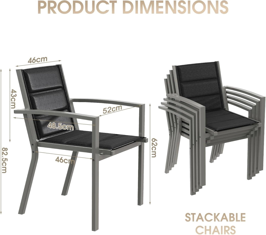 Set di 4 sedie da giardino impilabili in alluminio, carico massimo 160 kg, per giardino, piscina, terrazza, sala da pranzo, mobili da giardino, grigio chiaro