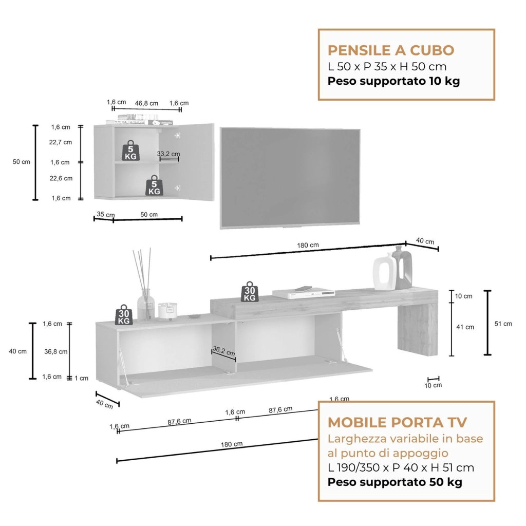WHOUS Parete attrezzata Chronos set soggiorno bianco lucido e rovere 190/350x40 cm