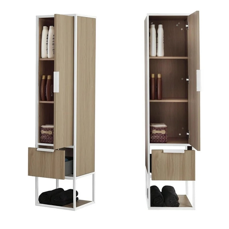 Colonna bagno sospesa H 150 cm stile industrial bianco e legno Baketo