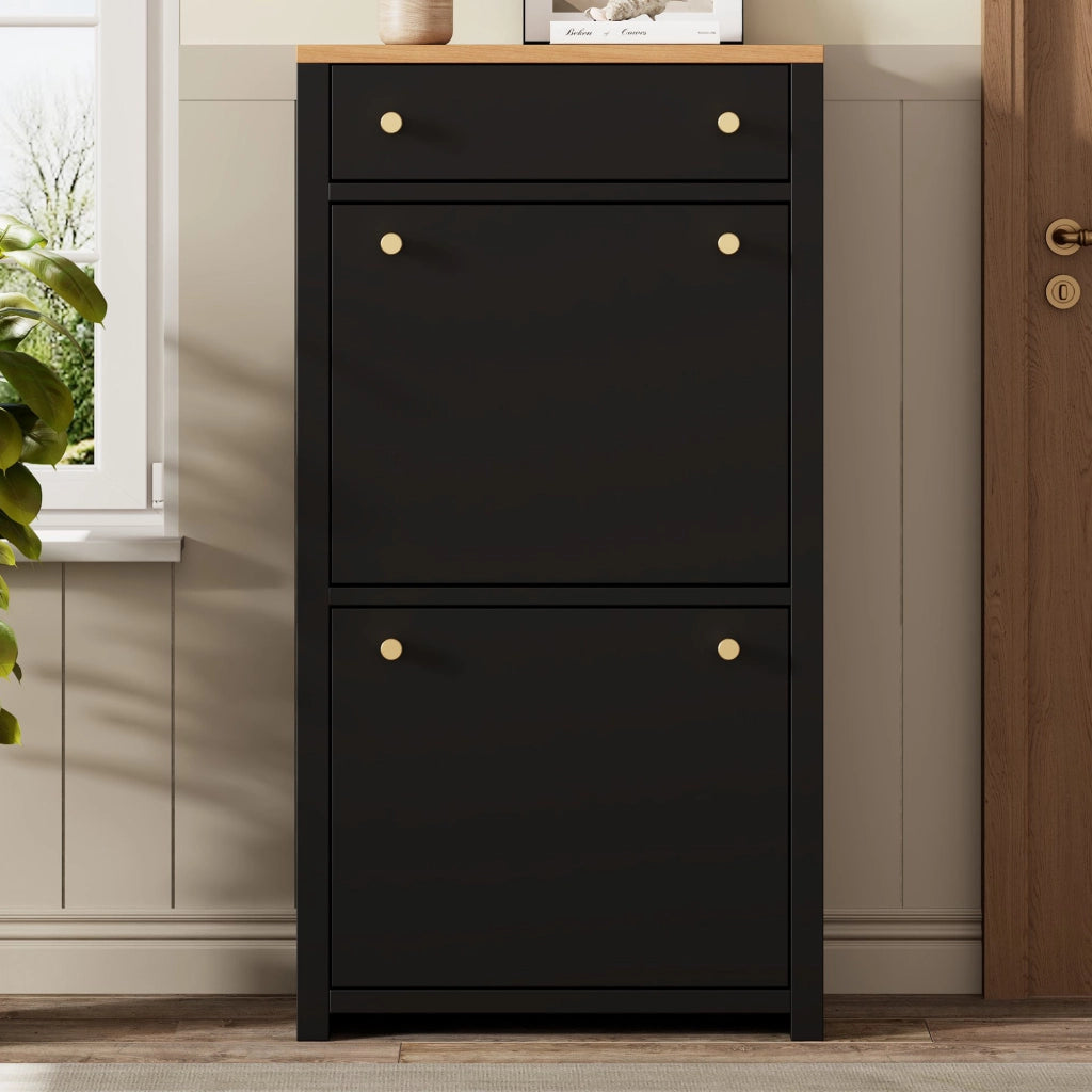 Scarpiera salvaspazio con 2 ante a ribalta, cassetto superiore e ripiani interni regolabili, colore nero con effetto legno, 50 ¡Á 25 ¡Á 95 cm