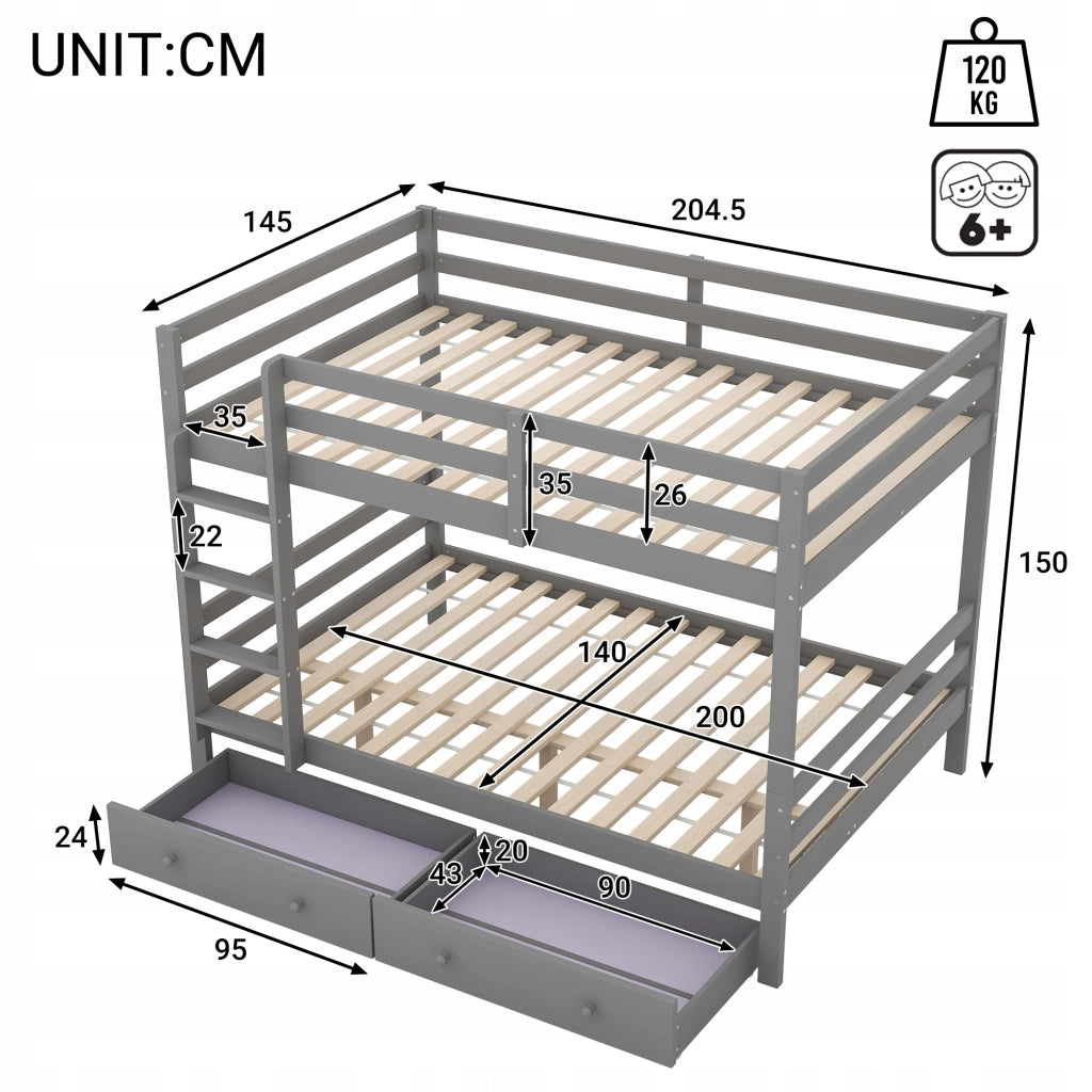 Letto a castello con cassetti - Xylo - 140x200 - Grigio