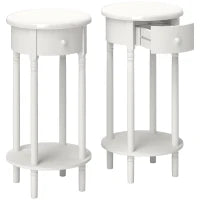 Set 2 Comodini con Cassetto e Ripiano in Legno Stile Contemporaneo, Ø35.5 x 71 cm, Bianco