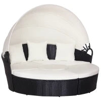 Set 4 Pzi Divano Circolare da Giardino, Mobili Componibili Rattan Nero, Tettuccio e Cuscini Beige 180x175x147cm