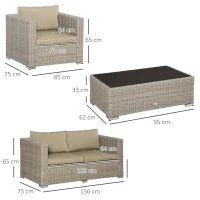 Set 4 Pz Salotto da Esterni in Rattan con 1 Divano, 2 Poltrone e 1 Tavolino, Kaki e Beige