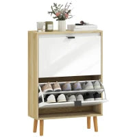 Scarpiere Stretto con 2 Porte in Bianco Lucido Ripiani Regolabili Gambe in Legno per 12 Paia di Scarpe