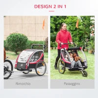 Rimorchio Bici per Bambini e Passeggino, Design 2 in 1 con Freno, Cintura a 5 Punti, Carrello Rimorchio per Bicicletta con Tasche Laterali, Catarifrangenti e Bandierina, Rosso