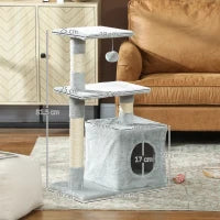 Tiragraffi per Gatti con Casetta, 2 Piattaforme e Pallina, in Legno, Sisal e Peluche, 50x30x81.5 cm, Grigio