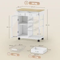 Carrello da Cucina in Bambù con 2 Cassetti, Armadietto, Ripiano e 2 Cestini in Acciaio, 67x35x80 cm, Bianco