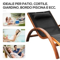 Lettino Prendisole Chaise Longue con Poggiatesta in Legno e Tessuto a Rete, 165x72x86cm
