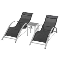 Set 2 Sdraio da Giardino e Tavolino con Vetro, Lettino Prendisole con Tessuto Traspirante 59 x 169 x 66cm, Nero Grigio