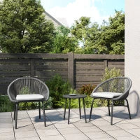 Set da Giardino con 2 Sedie con Cuscino e Tavolino da Caffè in Acciaio e Rattan PE, Nero