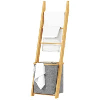 Mobile per Bagno in Bambù con Portasciugamani a 3 Barre e Cesto per Biancheria Sporca Estraibile da 48 L, Grigio