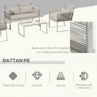 Set da Giardino 4 Pezzi in Rattan PE con 2 Poltrone, Divanetto e Tavolino da Caffè in Vetro Temperato Grigio