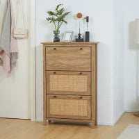 Mobile Scarpiera con 3 Ante Ribaltabili, Effetto Intreccio Rattan, in Legno, Legno Naturale