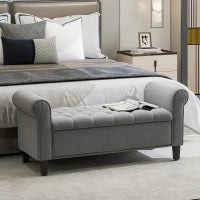 Panca Fondo Letto in Tessuto Vellutato con Spazio Portaoggetti e Braccioli, 126x48.5x57 cm, Grigio