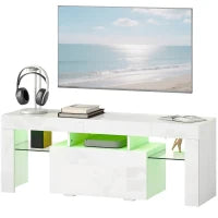 Mobile TV, con illuminazione LED e ripiani in vetro temperato, 120x34x45cm, Bianco