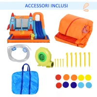 Castello Gonfiabile per Bambini Piscina con Scivolo e Trampolino, Pompa Elettrica, 350x250x185cm, Multicolore